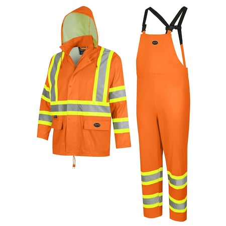 Pioneer Safety Rain Suit, Hi-Vis Orange, XL, Polyester, PVC, 0.18 mm Thick, Folds and zips into collar, XL V1080150U-XL
